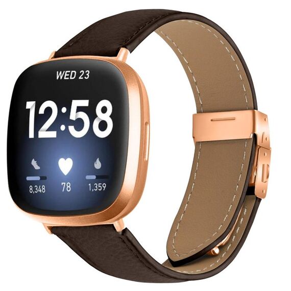 Cinturino per Fitbit Versa 3/4 in pelle con fibbia posteriore tartarugata in oro rosa e trama litchi (colore caffè)