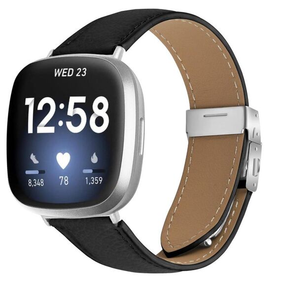Cinturino per Fitbit Versa 3/4 in pelle con fibbia posteriore tartarugata argento e trama litchi (nero)