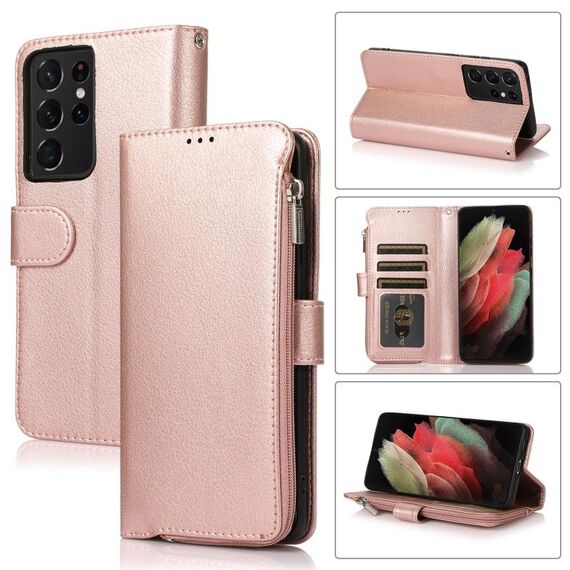 Per Samsung Galaxy S21 Ultra 5G Case in pelle a flip orizzontale in cerniera in microfibra (oro rosa)