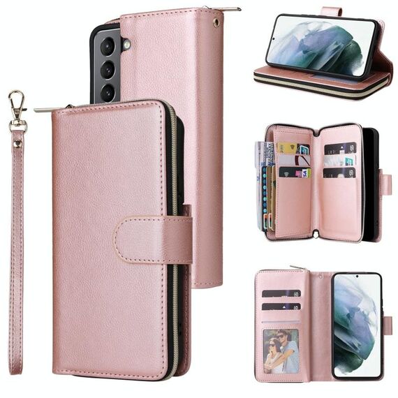 Per Samsung Galaxy S22 5G 9 Slot Casetto con cerniera Custodia per telefono (rosa oro)