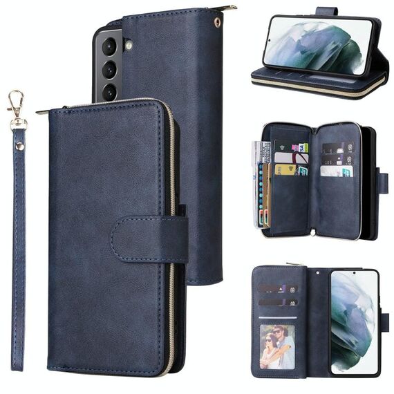 Per Samsung Galaxy S22 5G 9 Slot Casetto per il portafoglio con cerniera Custodia per telefono (blu)