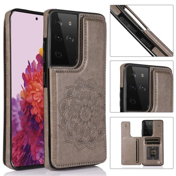 Per Samsung Galaxy S21 Ultra 5G Double Buckle Mandala PU+TPU Telefono (grigio)