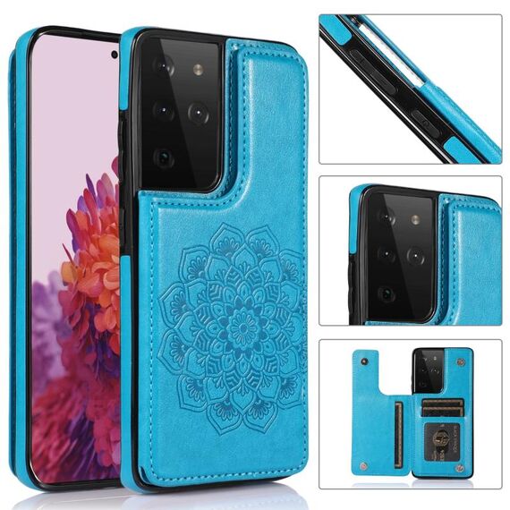 Per Samsung Galaxy S21 Ultra 5G Double Buckle Mandala PU+TPU Telefono (blu)