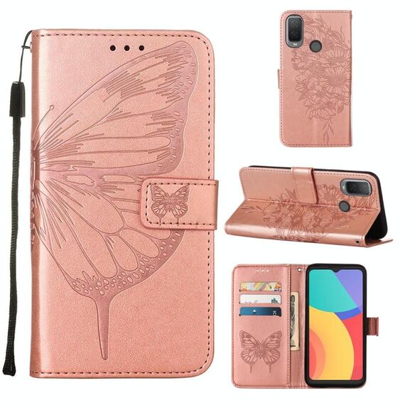 Per Alcatel 1L 2021 Custodia per telefono in pelle farfalla in rilievo (oro rosa)