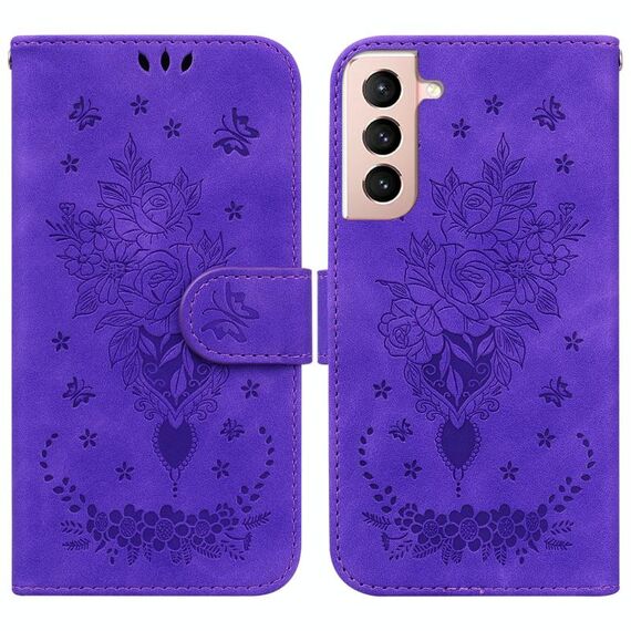 Per Samsung Galaxy S22 5G Custodia per telefono in pelle in rilievo in rilievo a farfalla (viola)