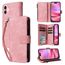 Per iPhone 16 Custodia a tracolla in pelle con cerniera per portafoglio con slot multischeda (rosa)